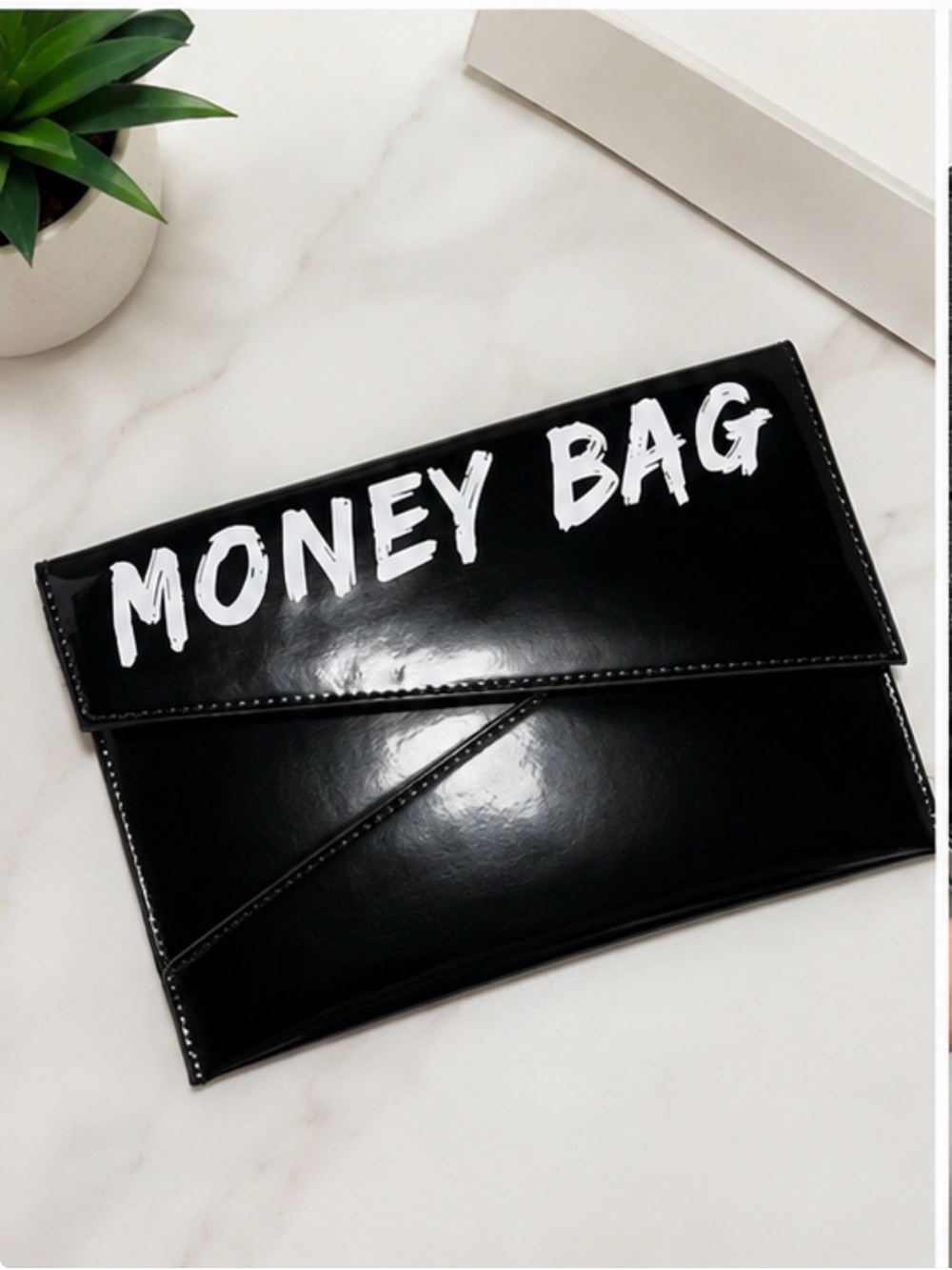 Black Patent “MONEY BAG” Envelope Clutch Statement Purse